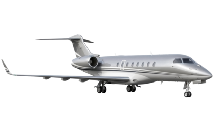 Silver private jet PNG isolated on transparent background, luxurious business airplane for executive travel and high-end transportation
