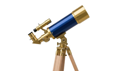 Brass and blue telescope isolated PNG on transparent background, vintage astronomical instrument...