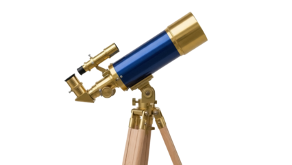 Brass and blue telescope isolated PNG on transparent background, vintage astronomical instrument for stargazing and science projects