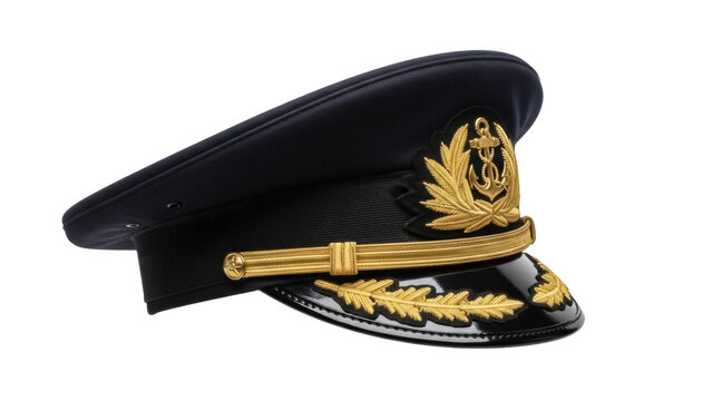 Navy officer peaked cap PNG isolated on transparent background, black visor hat with golden anchor emblem for maritime authority