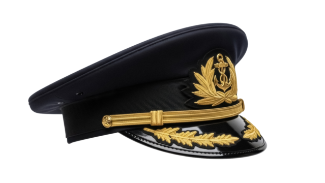Navy officer peaked cap PNG isolated on transparent background, black visor hat with golden anchor emblem for maritime authority - Powered by Adobe