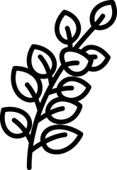 A stylized minimalist illustration of a sprig of leaves on a stem, in black and white outline