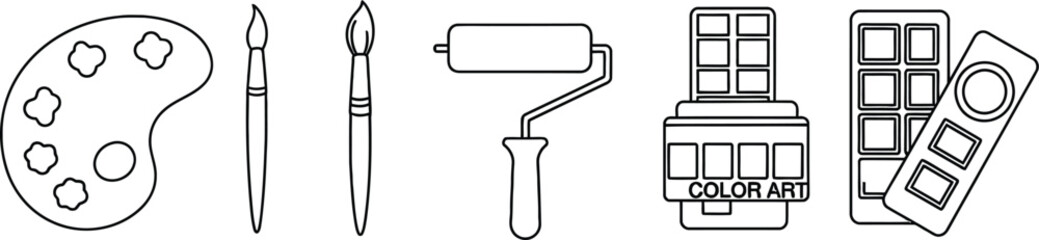 Clean white neat icons of neat paint palette brush roller color art set