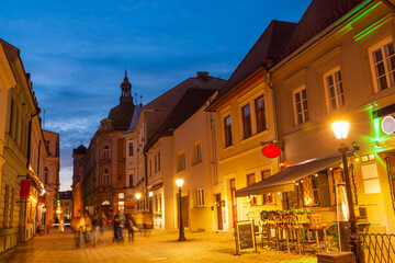 Cozy cobblestone Pri Miklusovej veznici (By Miklusov prison) pedestrian street at twilight in historic Old Town part of Kosice, Slovakia