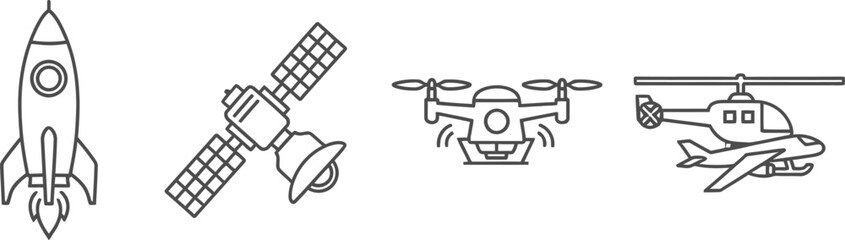 Clean white neat icons of neat rocket satellite drone helicopter plane air set
