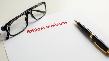 Ethical business document with pen and eyeglasses on empty white paper desk surface.