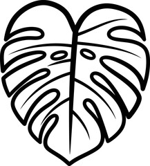Elegant botanical illustration featuring a stylized Monstera deliciosa leaf artfully shaped into a heart, symbolizing nature's love and tropical beauty in a clean line drawing