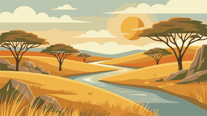 Sunset landscape of African savannah with river and acacia trees