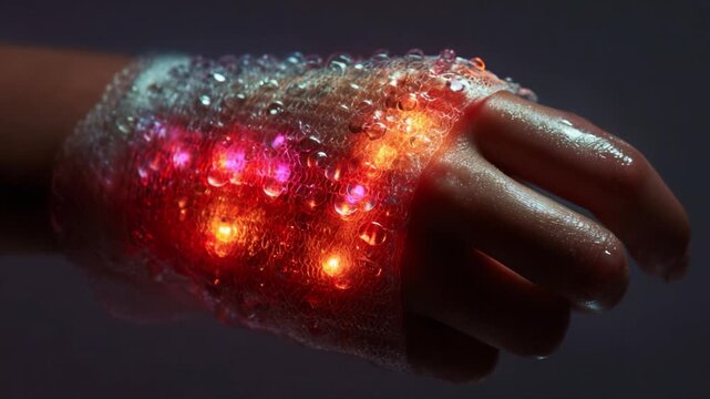 A close-up view of a hand encased in a translucent bubble-like substance, illuminated with vibrant, colorful lights, creating a captivating glow and aura of intrigue and creativity.