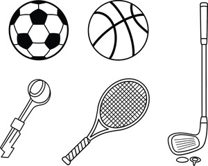 Clean white bold icons of neat soccer ball basketball tennis racket golf club sport set