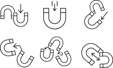 Clean white bold icons of neat magnet horseshoe pull attract force set