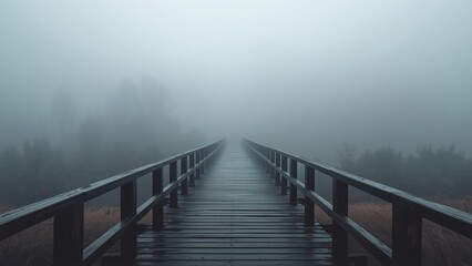 Misty wooden bridge leading into foggy forest landscape with railings and trees