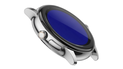 Modern silver smartwatch with blue screen isolated PNG, wearable technology for fitness tracking and communication on transparent background