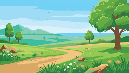 Fototapeta premium Idyllic cartoon landscape with green hills, path, trees, and mountains.