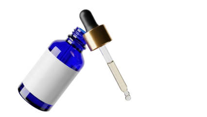 Blue glass dropper bottle with golden cap isolated PNG, essential oil or serum container on transparent background for beauty and health