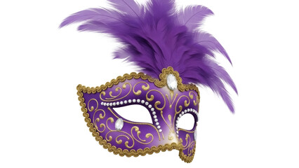 Ornate purple and gold masquerade mask with feathers isolated PNG, elegant Venetian carnival costume accessory on transparent background