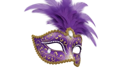 Selbstklebende Fototapeten Karneval Ornate purple and gold masquerade mask with feathers isolated PNG, elegant Venetian carnival costume accessory on transparent background  © VSTOCK