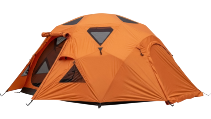Orange dome tent isolated PNG, camping shelter for outdoor adventure and mountaineering expeditions on transparent background
