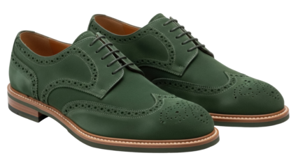 Elegant green suede leather wingtip brogue shoes isolated PNG, stylish footwear for formal occasions and professional attire