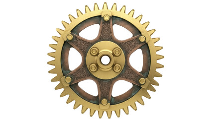 Golden steampunk gear isolated PNG on transparent background, cogwheel with intricate details for mechanical and industrial designs