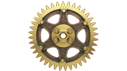 Golden steampunk gear isolated PNG on transparent background, cogwheel with intricate details for mechanical and industrial designs