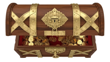 Open wooden treasure chest with gold coins isolated on transparent PNG, wealth and fortune concept for games and graphic design