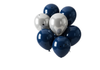 High-quality metallic silver and matte navy blue helium balloons, tethered with black satin ribbons, floating against a transparent studio background, sophisticated festivity concept