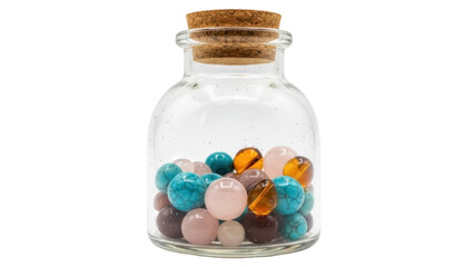 Glass jar with colorful marble stones isolated PNG, decorative object for interior design and crafts, on transparent background