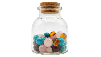 Glass jar with colorful marble stones isolated PNG, decorative object for interior design and crafts, on transparent background