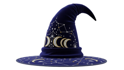 Elegant navy blue velvet witch hat PNG isolated, adorned with celestial constellations and crescent moons for magical costume design