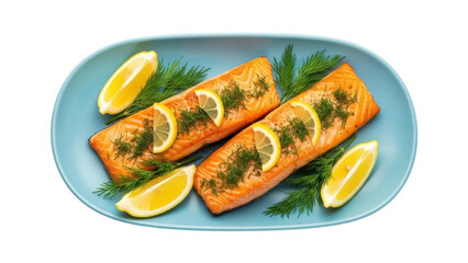 Grilled salmon fillet with lemon and dill on a blue plate isolated PNG, healthy seafood dish for restaurant menu and culinary design