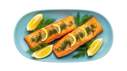 Grilled salmon fillet with lemon and dill on a blue plate isolated PNG, healthy seafood dish for restaurant menu and culinary design