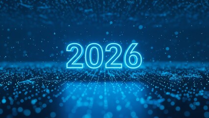Year 2026 digital display with futuristic background