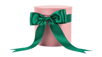 Elegant pink gift box with green satin bow isolated PNG, present for special occasion and celebration, on transparent background