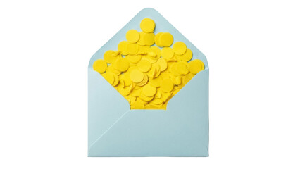 Open light blue envelope with yellow confetti PNG isolated on transparent background, celebration party decoration for invitations and greetings