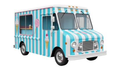 Striped ice cream truck PNG isolated on transparent background, vintage food truck with blue and white stripes for summer events and parties