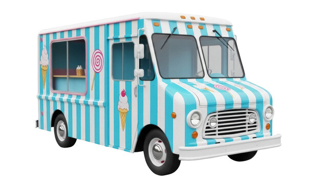 Striped ice cream truck PNG isolated on transparent background, vintage food truck with blue and white stripes for summer events and parties