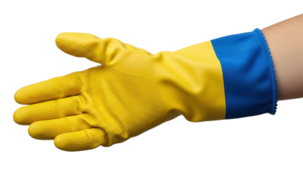 Yellow and blue rubber glove isolated PNG, hand protection for cleaning and dishwashing on transparent background