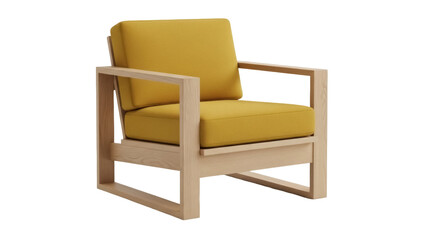 Modern yellow armchair isolated PNG on transparent background, contemporary furniture with wooden frame for living room and interior design