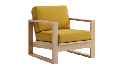 Modern yellow armchair isolated PNG on transparent background, contemporary furniture with wooden frame for living room and interior design