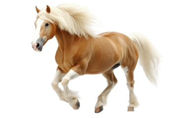 Majestic pinto horse with flowing mane isolated on transparent background. Elegant haflinger horse galloping isolated on white background.