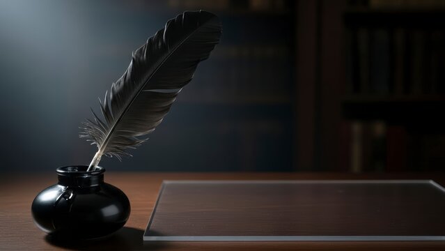 Quill pen and inkwell on a dark wooden desk with a blank plaque.