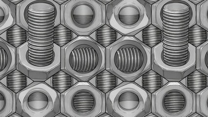 Seamless Pattern of Hexagonal Nuts and Bolts Interlocking in a Metallic Grid.