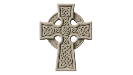 Celtic cross isolated PNG on transparent background, ancient stone carving with intricate knotwork patterns for religious and cultural designs