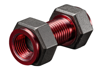 Threaded Red Bolt with Hex Nuts on Dark Surface 