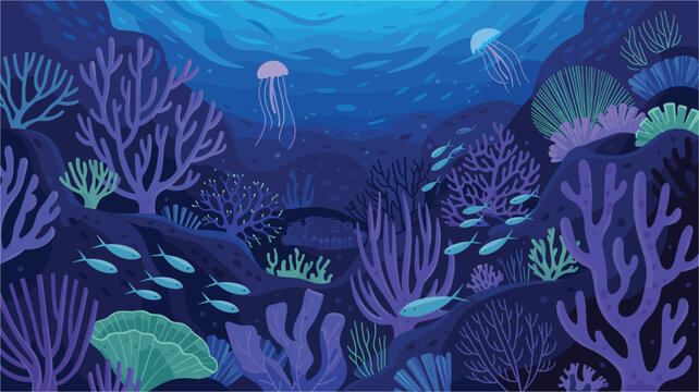 Vibrant underwater coral reef scene with jellyfish and schools of fish swimming
