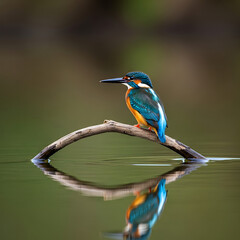 Fototapeta premium A common kingfisher perched on branch over calm water