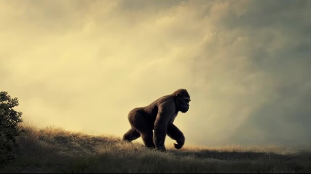 Australopithecus ape walking on grassy hill at sunrise. Evolution or prehistoric life concept. Primates development.