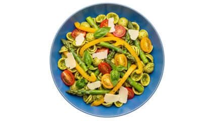 Orecchiette pasta with asparagus, tomatoes, basil and parmesan isolated on transparent background, healthy Italian food PNG