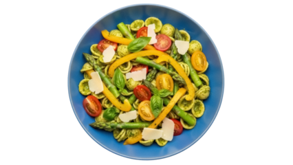 Orecchiette pasta with asparagus, tomatoes, basil and parmesan isolated on transparent background, healthy Italian food PNG